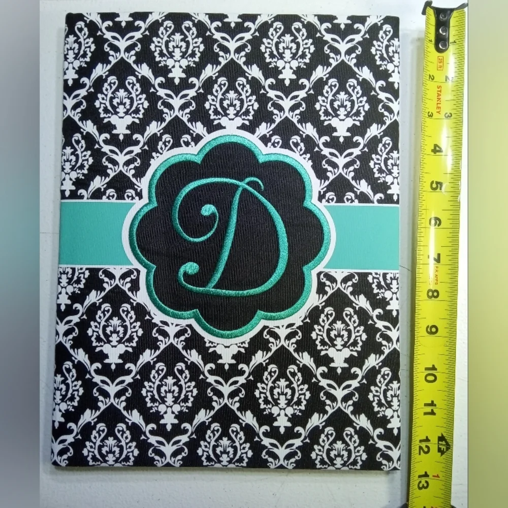 Monogrammed D Black White Aqua Damask Notebook File Legal Tablet Journal Folder